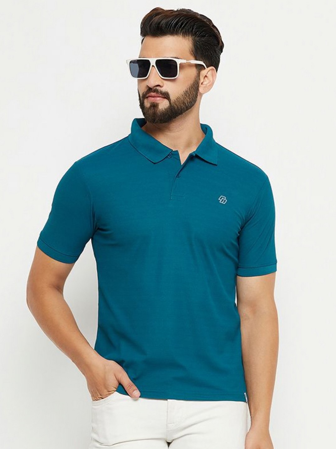 

RENUOVO Men Self Design Polo Collar Cotton T-shirt, Teal