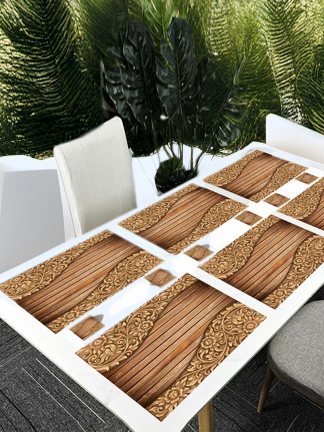 

REVEXO Brown & Beige 12 Pieces Printed Rectangular Shaped Coasters & Table Placemats