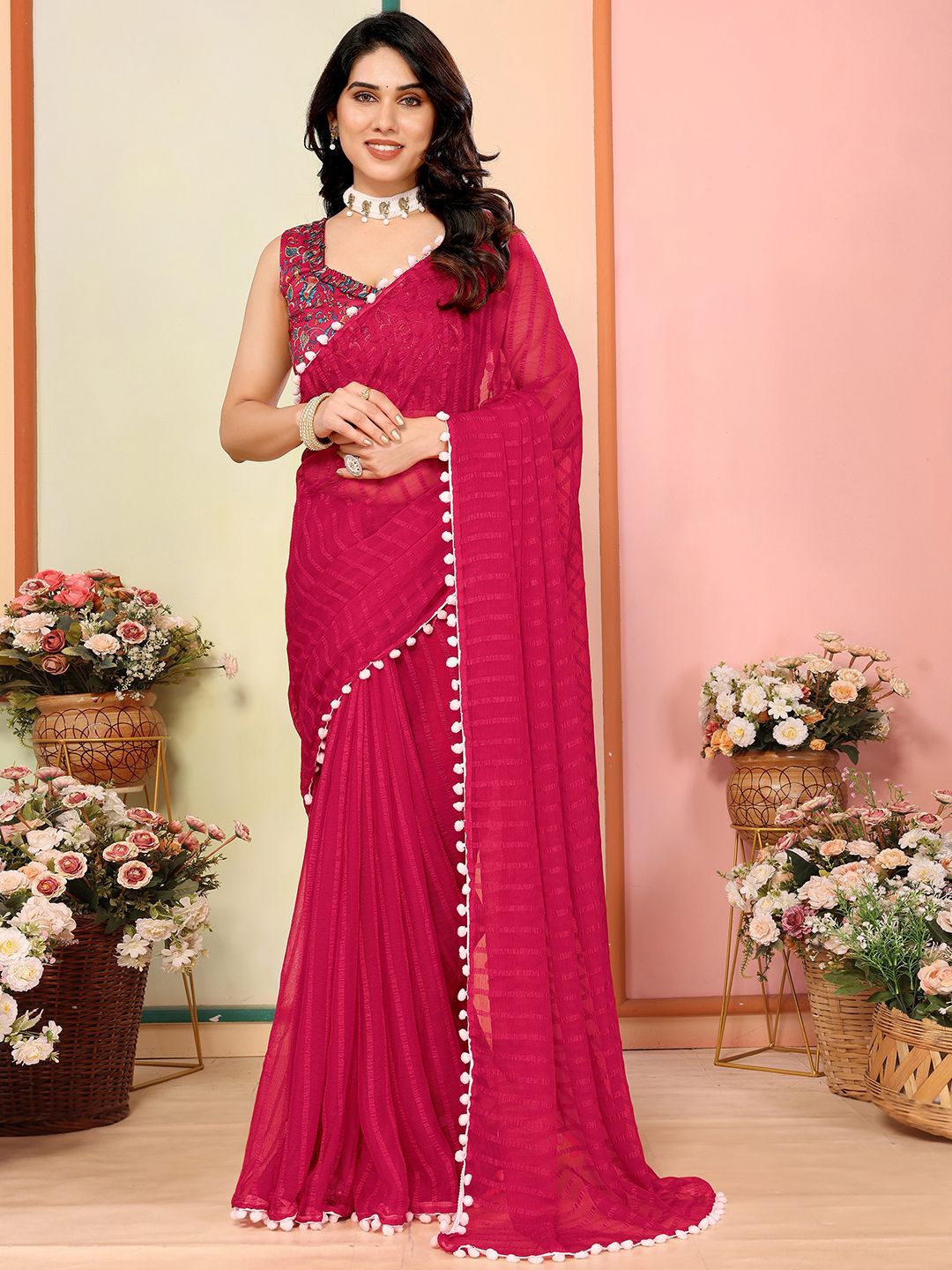 

DIVASTRI Striped Embroidered Poly Georgette Saree, Pink