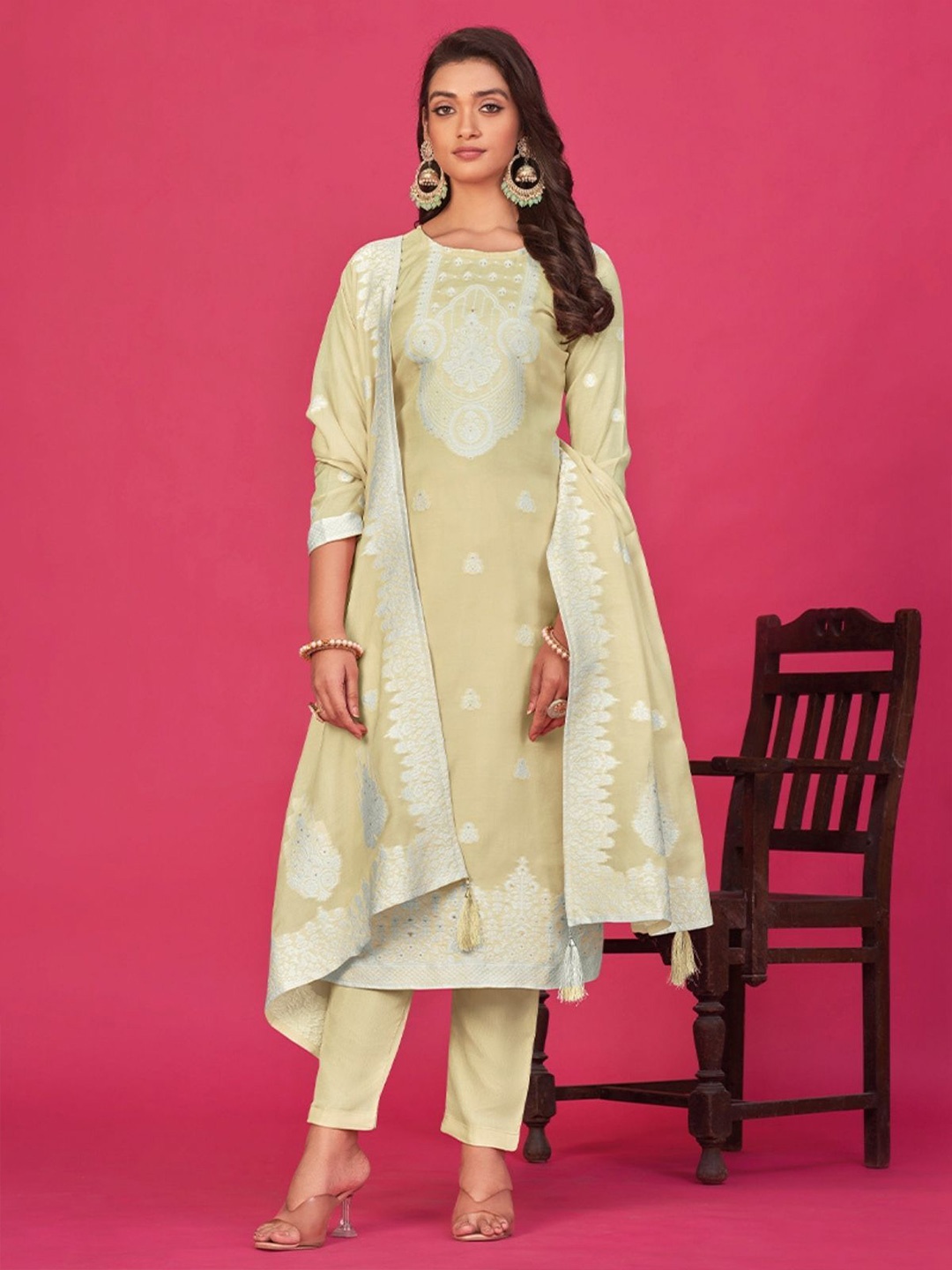 

Odette Ethnic Motifs Embroidered Zari Organza Semi-Stitched Dress Material, Lime green
