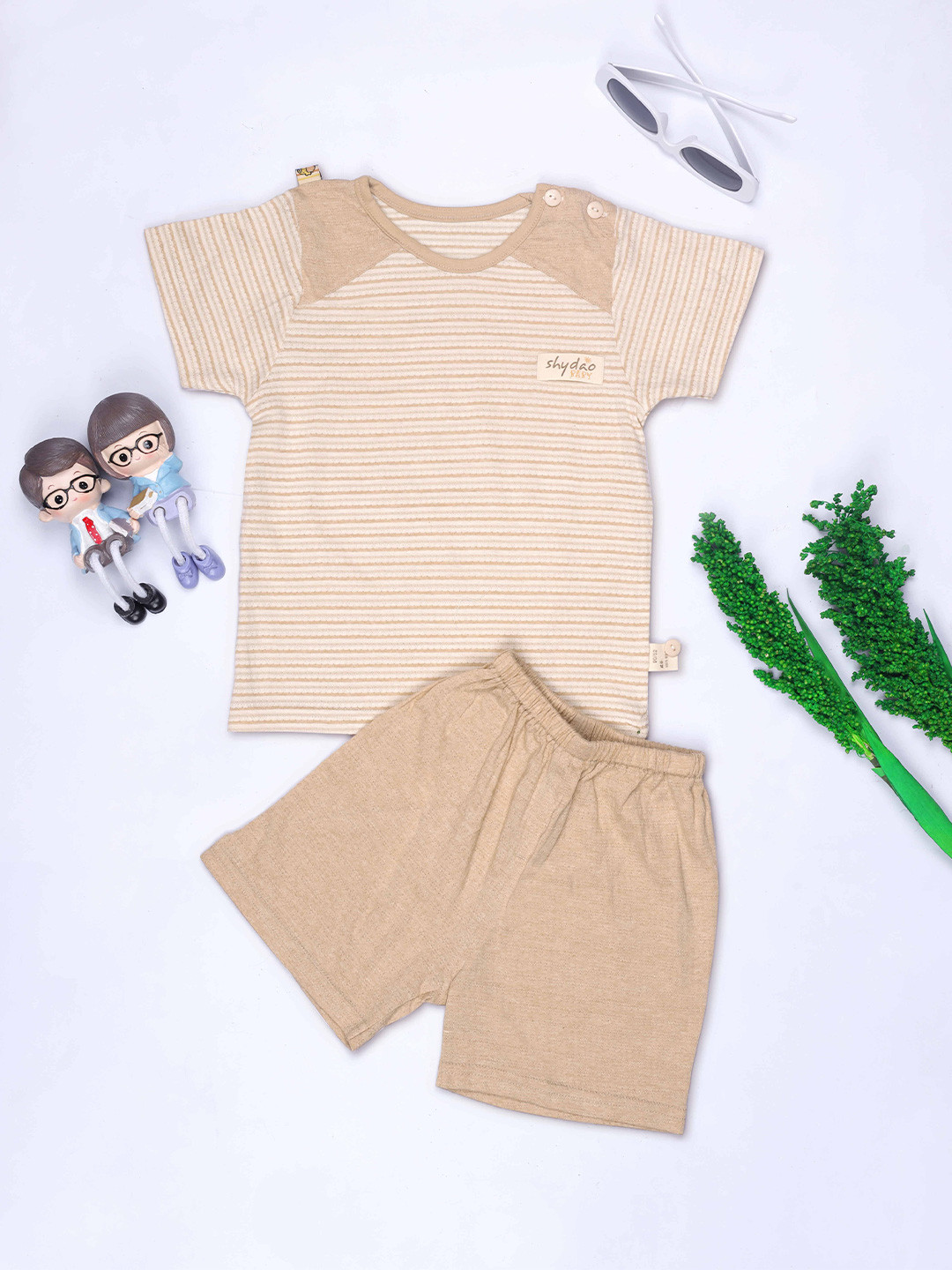 

YK Boys Striped Round Neck Pure Cotton T-Shirt With Shorts, Brown