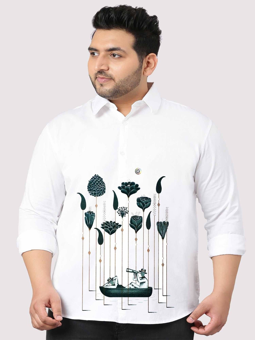 

Guniaa Men Plus Size Classic Fit Spread Collar Floral Printed Cotton Party Shirt, White