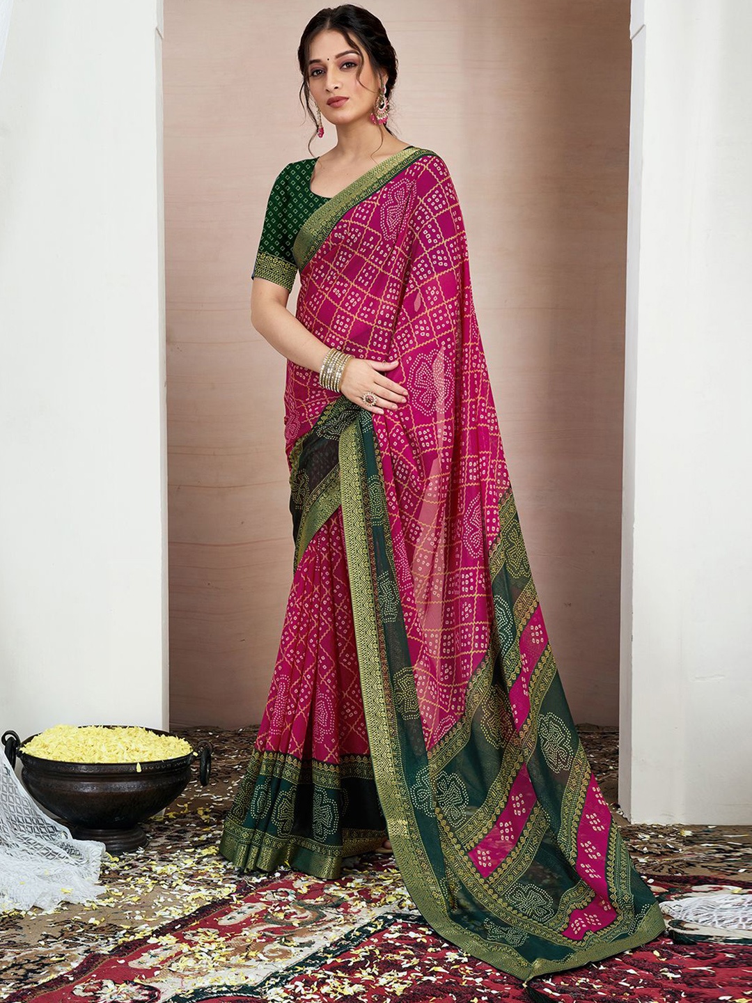 

KALINI Printed Zari Pure Chiffon Bandhani Saree, Pink