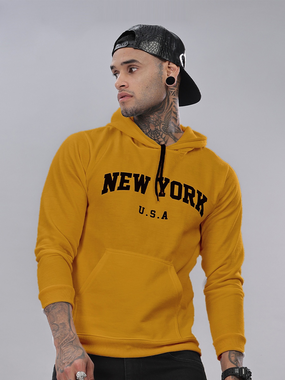 

FABRIPPLE Men Printed Hooded Pullover Sweatshirt, Yellow