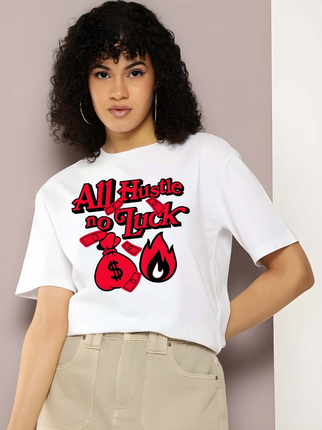 

SZN Women Typography Printed Round Neck Cotton Oversized T-shirt, White