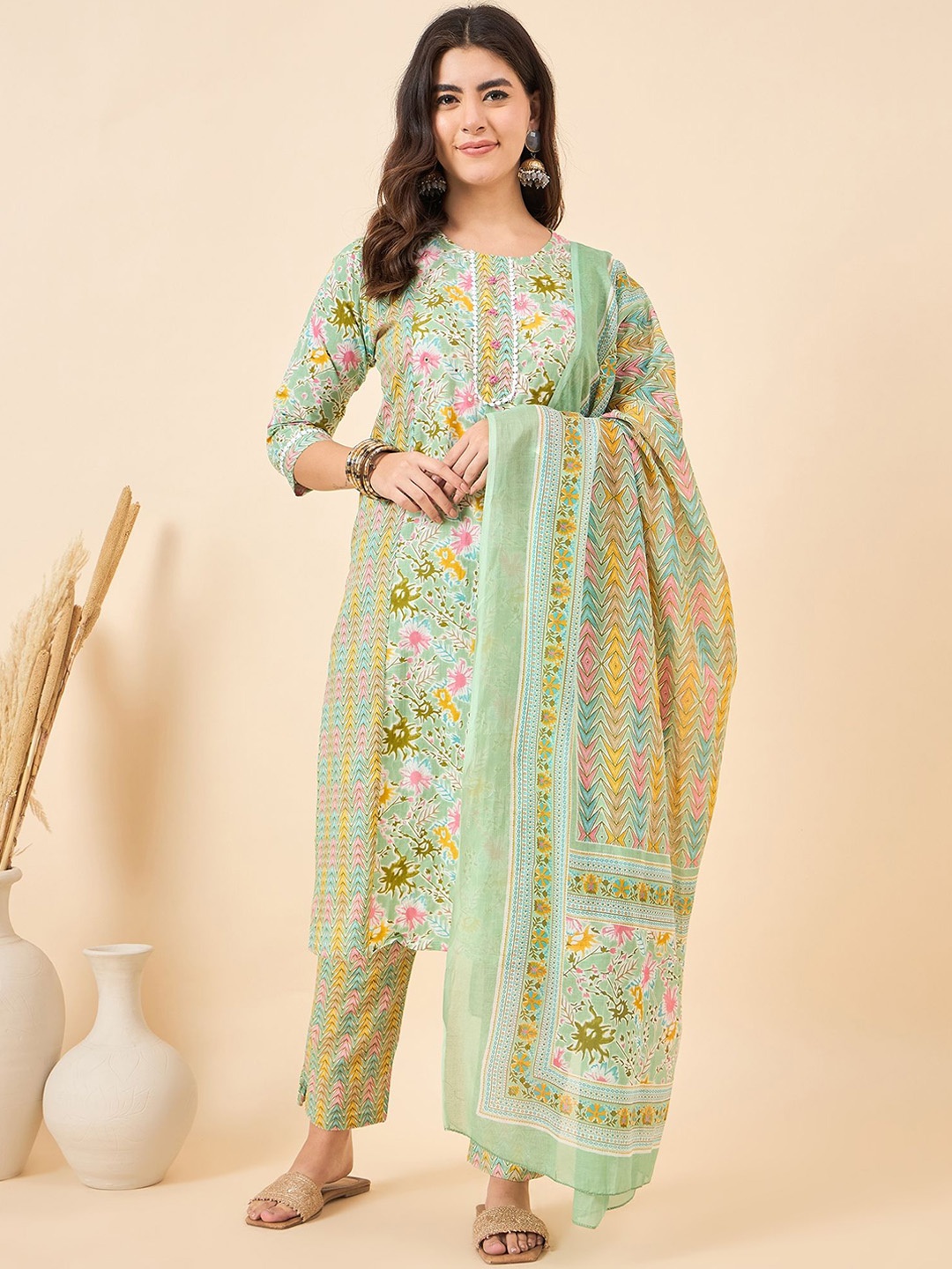 

Anouk Women Ethnic Motifs Printed Regular Pure Cotton Kurta with Trousers & With Dupatta, Sea green