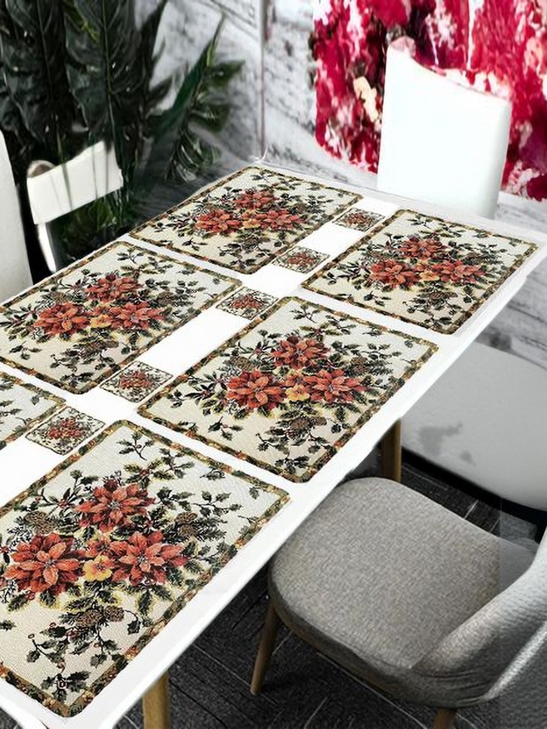 

REVEXO White & Red 12 Pieces Printed Table Placemats & Coasters