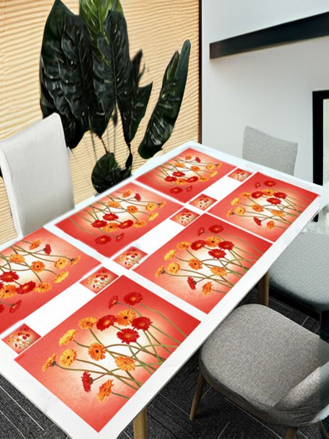 

REVEXO Orange & Red 12 Pieces Floral Printed Rectangular Shaped Coasters & Table Placemats