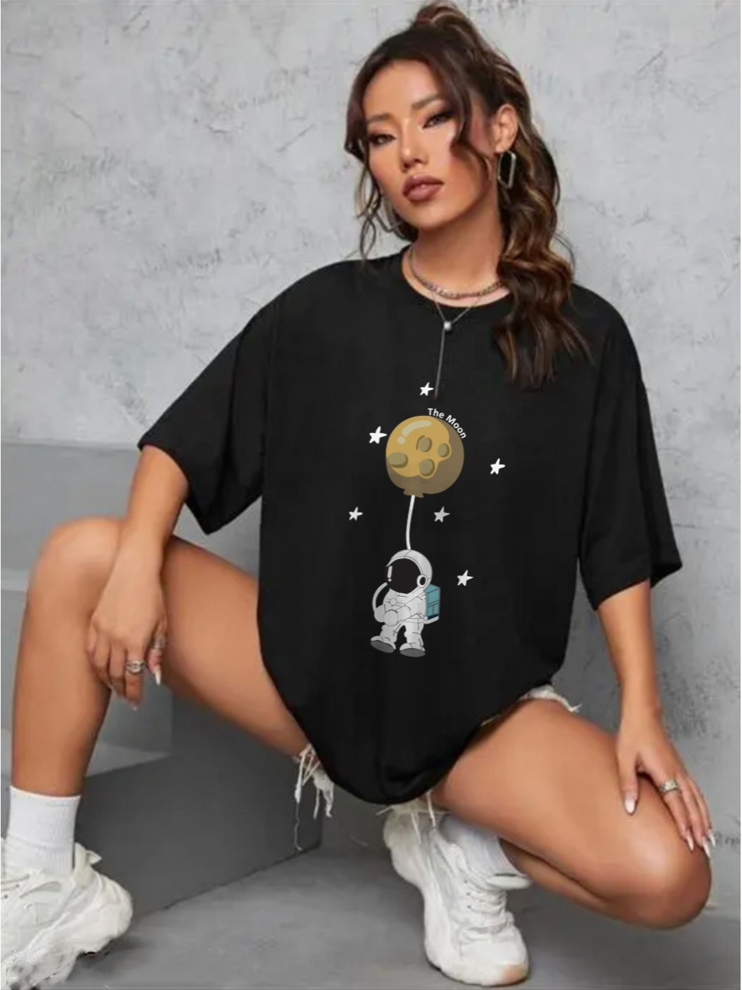 

TOGS & TERRE Women Graphic Printed Round Neck Cotton Oversized T-shirt, Black