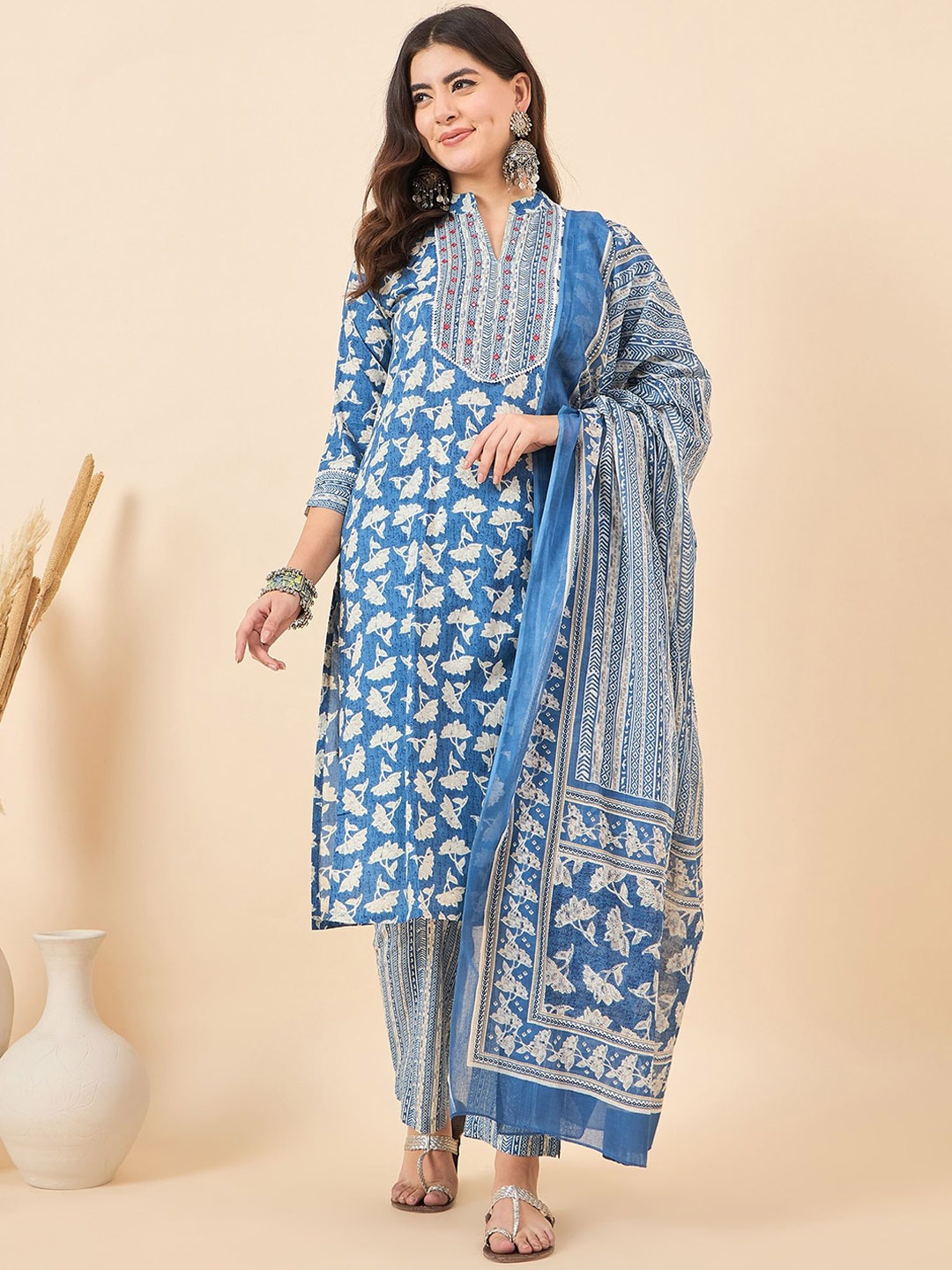 

Anouk Ethnic Motifs Printed Mandarin Collar Pure Cotton Kurta With Trouser & Dupatta, Blue