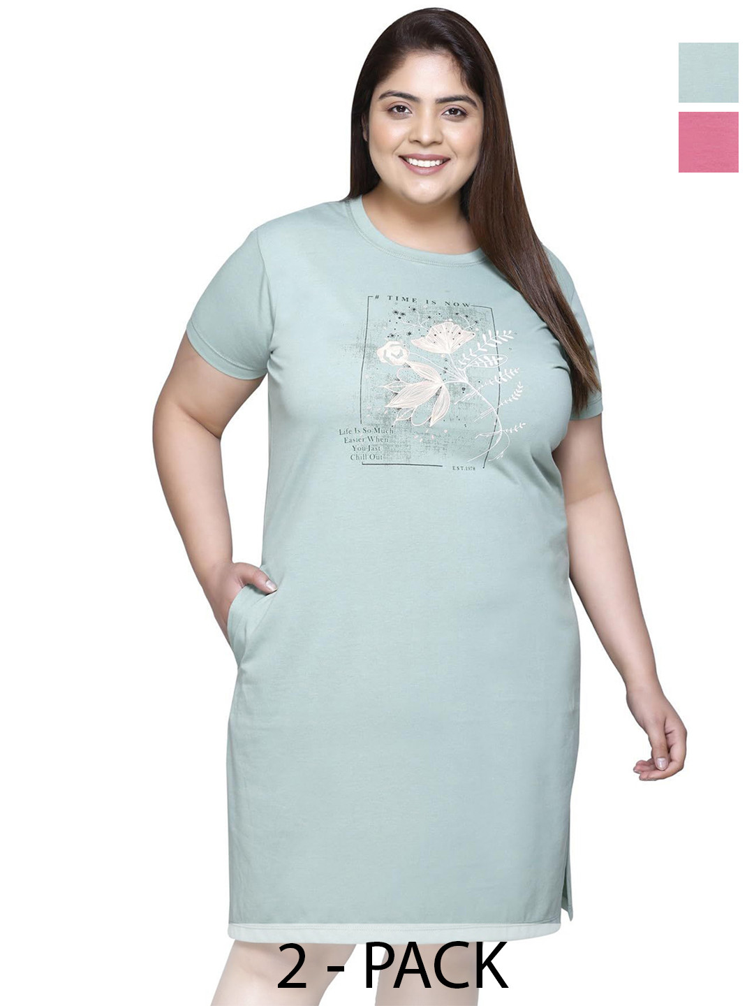 

IN Love Women Pack of 2 Plus Size Front Printed Nighty Chemise, Green