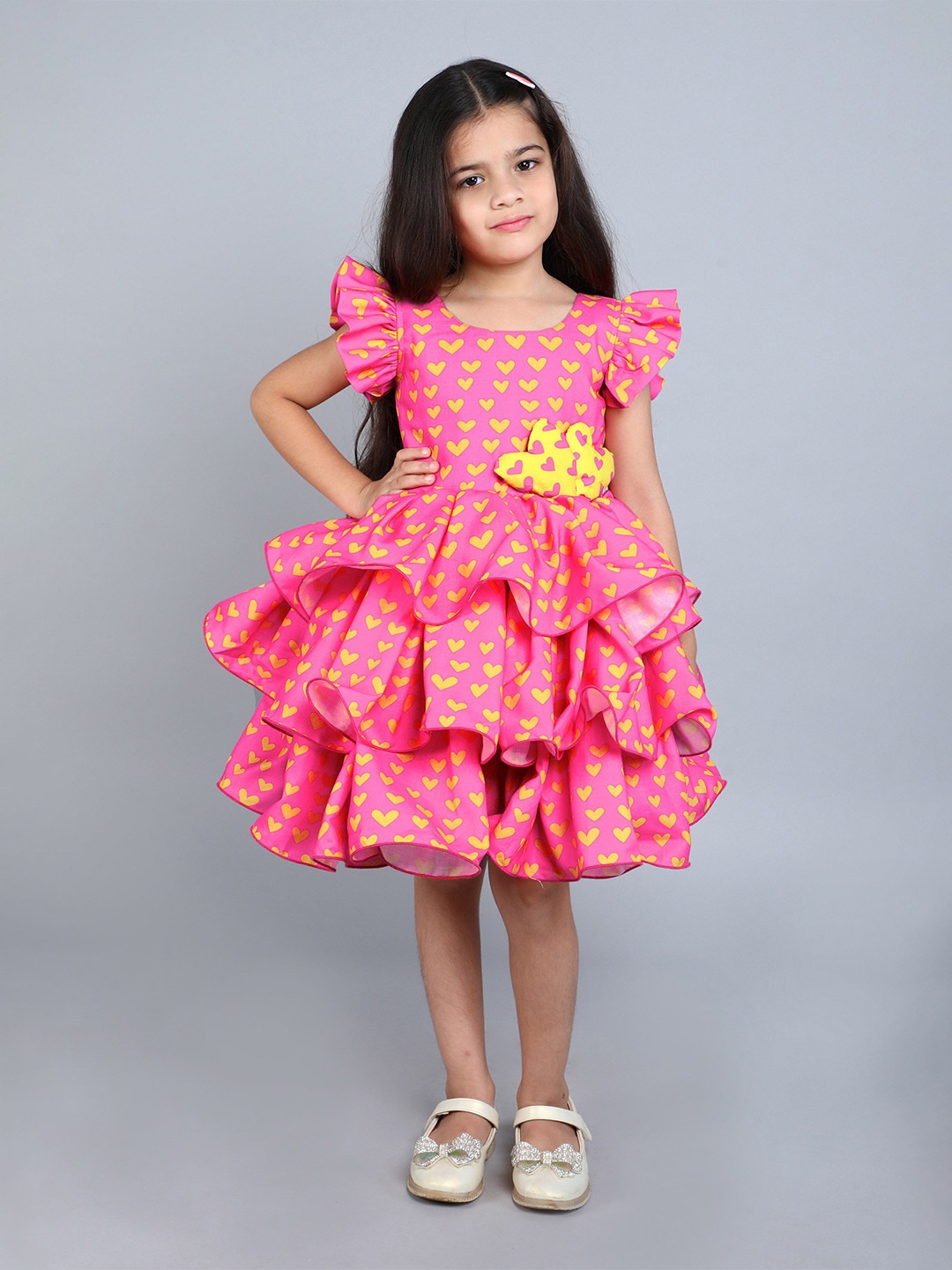 

Pink Chick Girls Heart Print Flutter Sleeve Cotton Fit & Flare Layered Dress