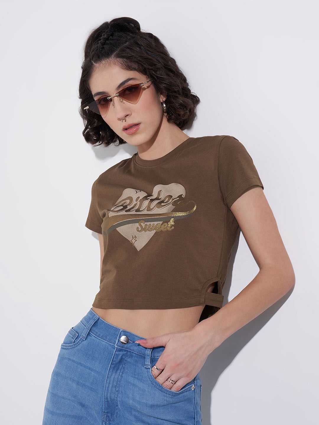 

SF JEANS by Pantaloons Women Typography Printed Round Neck Cotton Top, Brown
