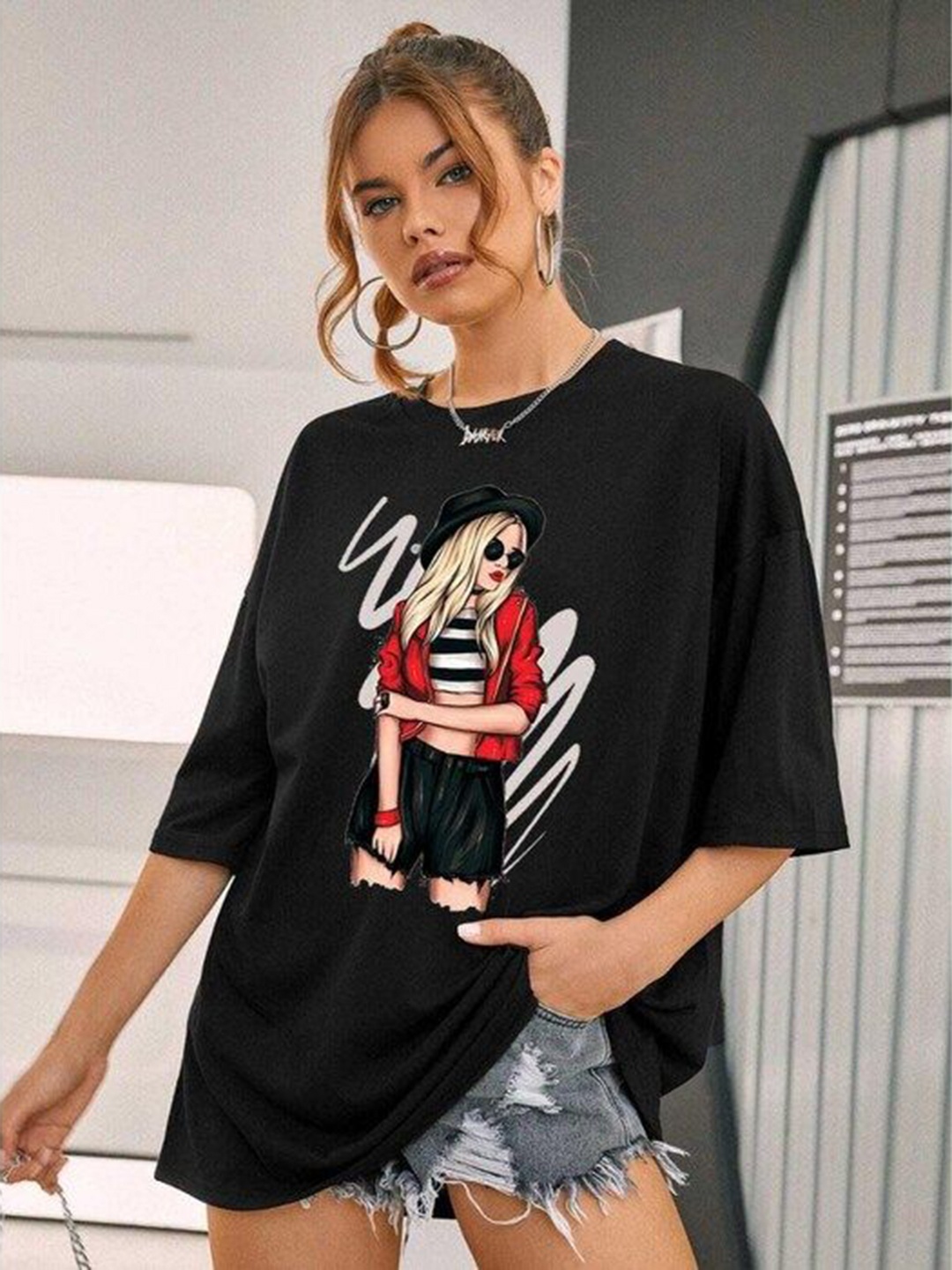 

TOGS & TERRE Women Graphic Printed Round Neck Cotton Oversized T-shirt, Black