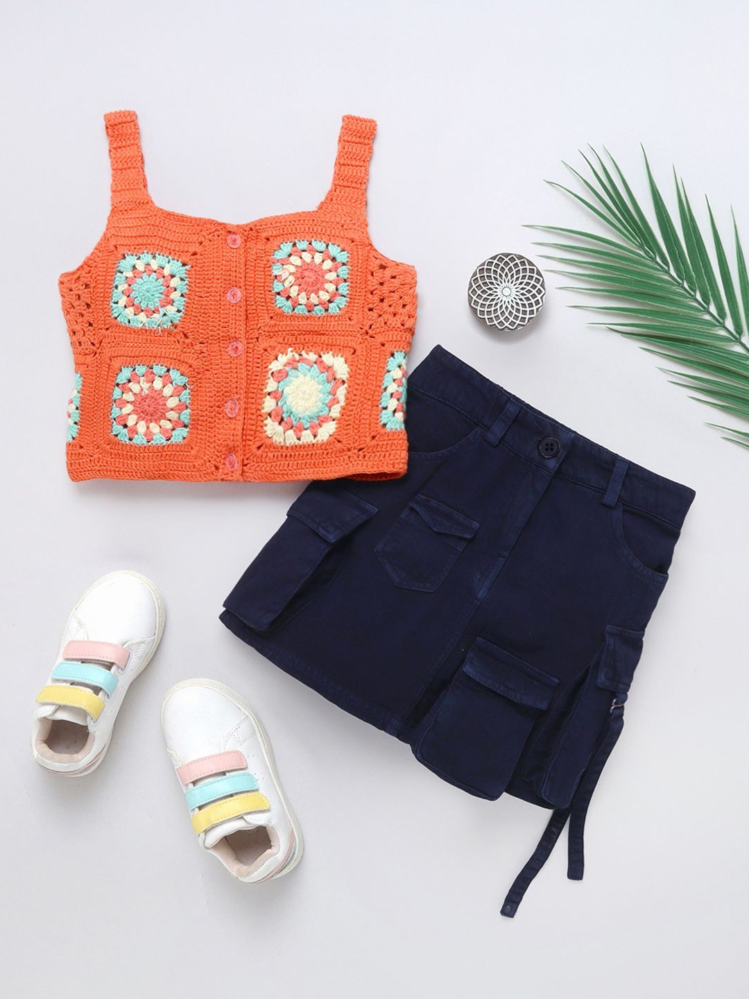 

Naughty Ninos Girls Self Design Pure Cotton Crochet Top With Skirt, Orange