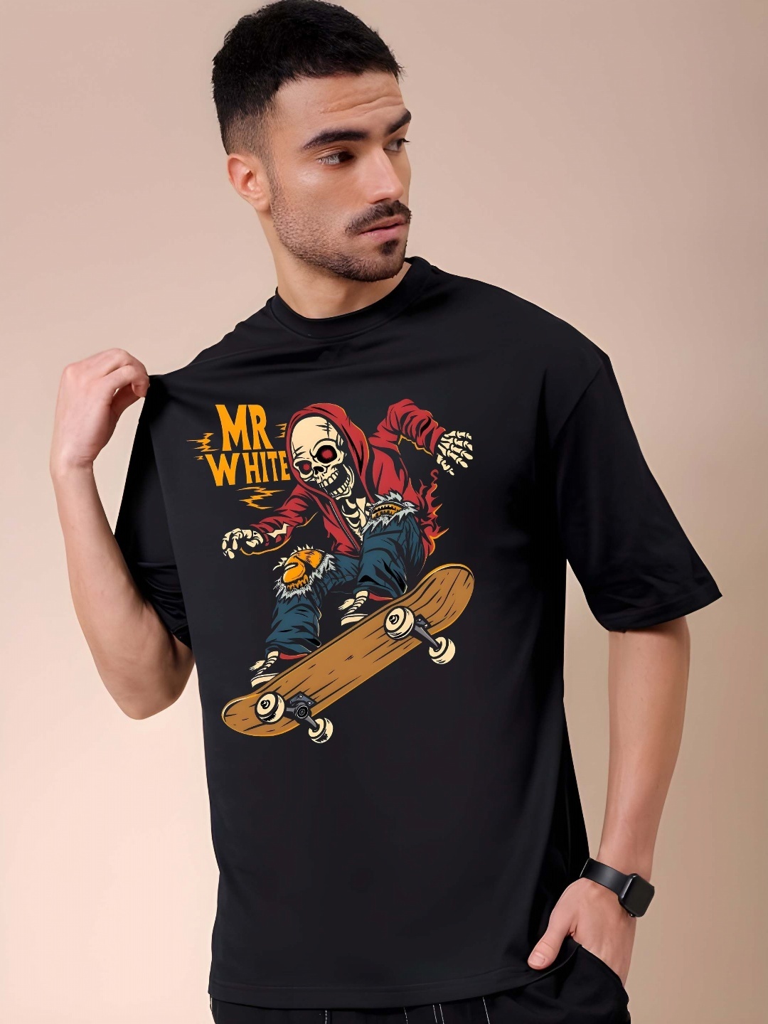 

SZN Men Graphic Printed Round Neck Cotton Oversized T-shirt, Black