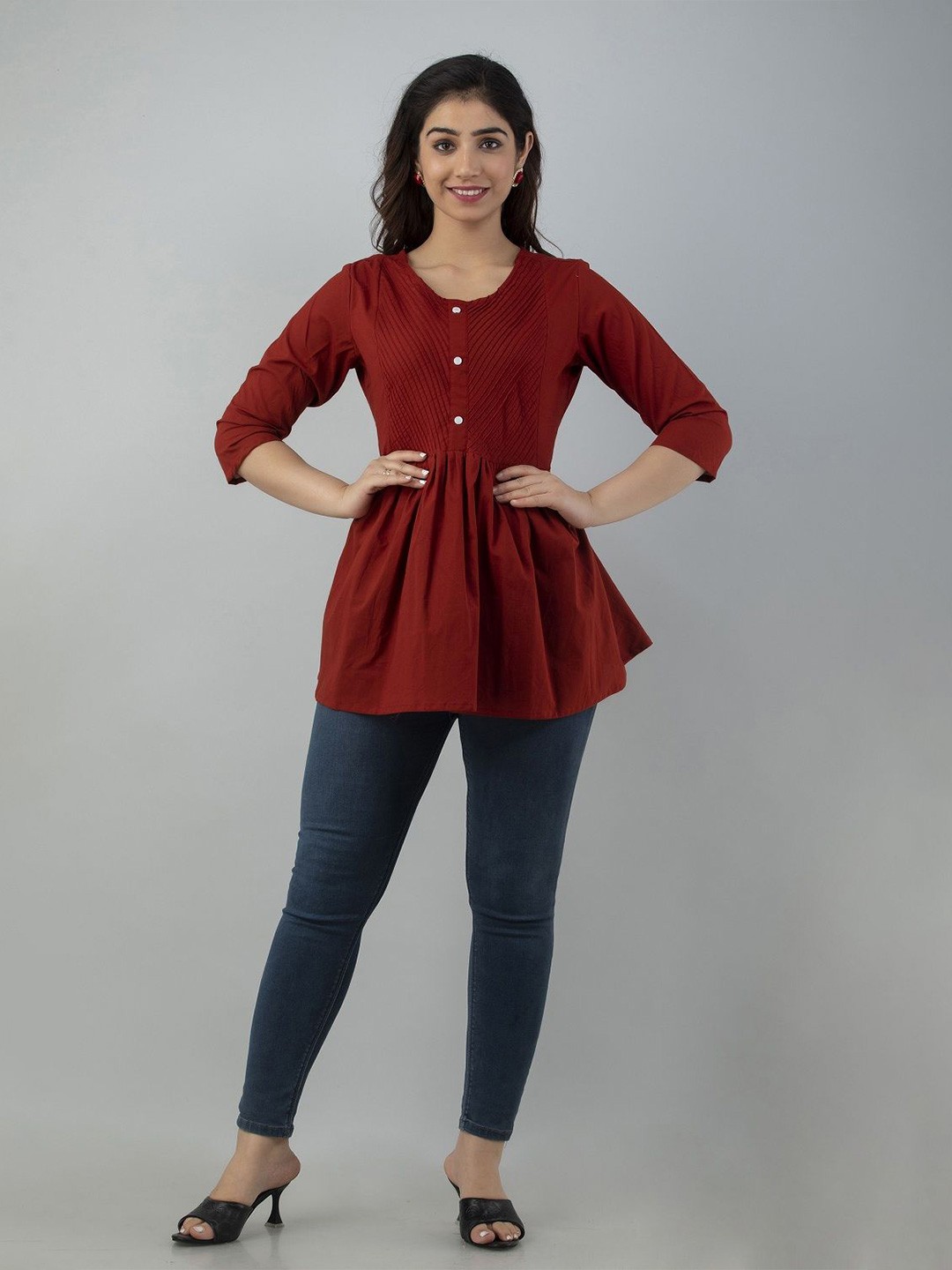 

AAFAMI Women Cotton Round Neck Peplum Tops, Rust
