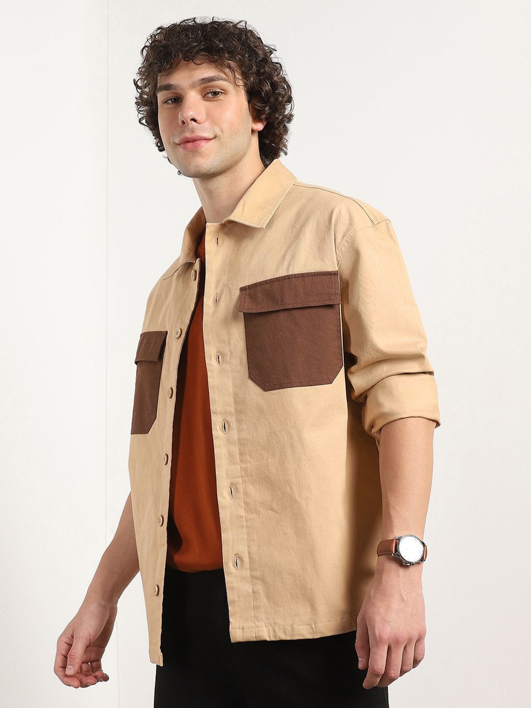 

NOBERO Colourblocked Pure Cotton Casual Shacket, Beige