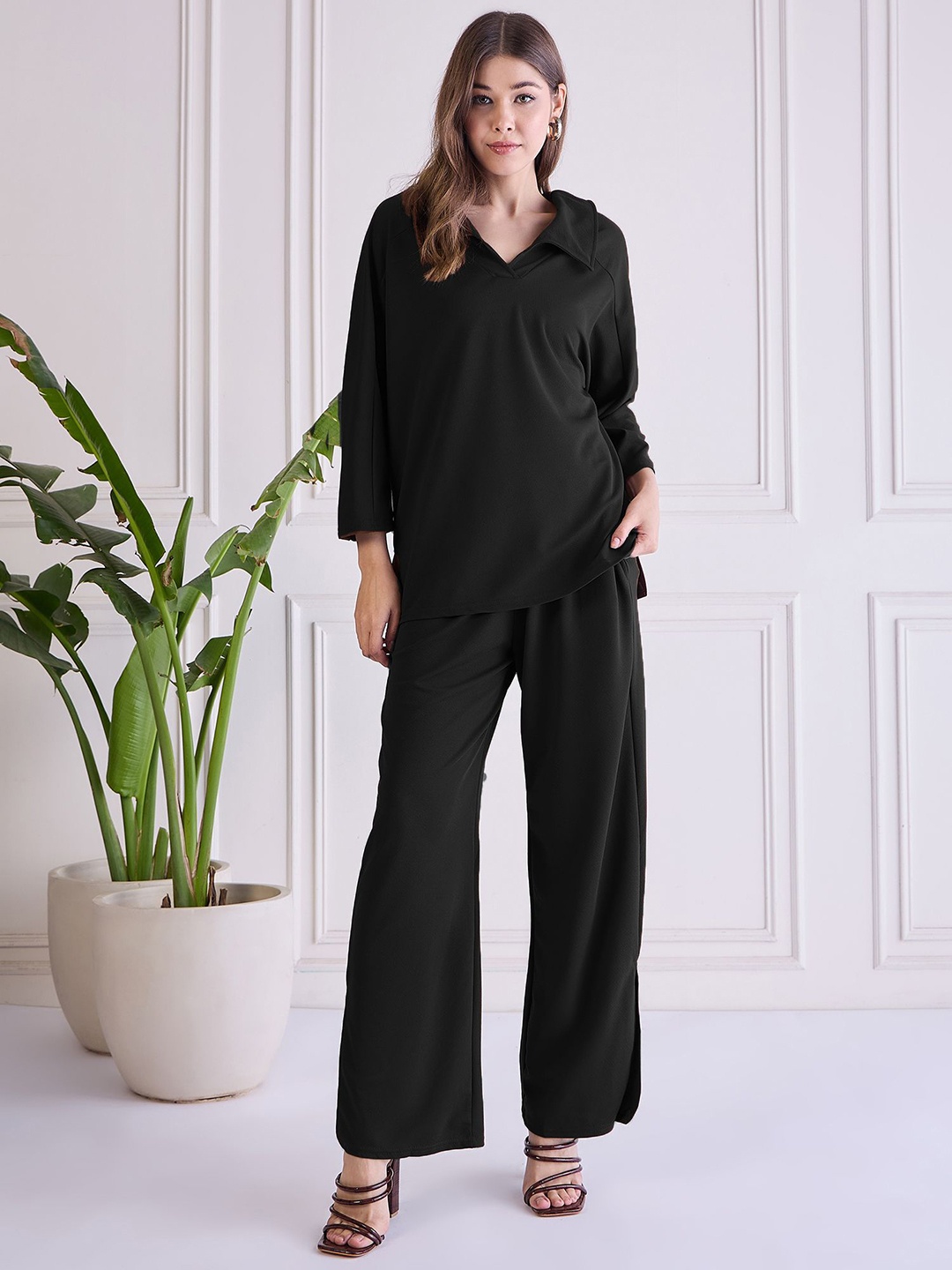 

Chemistry Shirt Collar Top With Wide Leg Trousers, Black