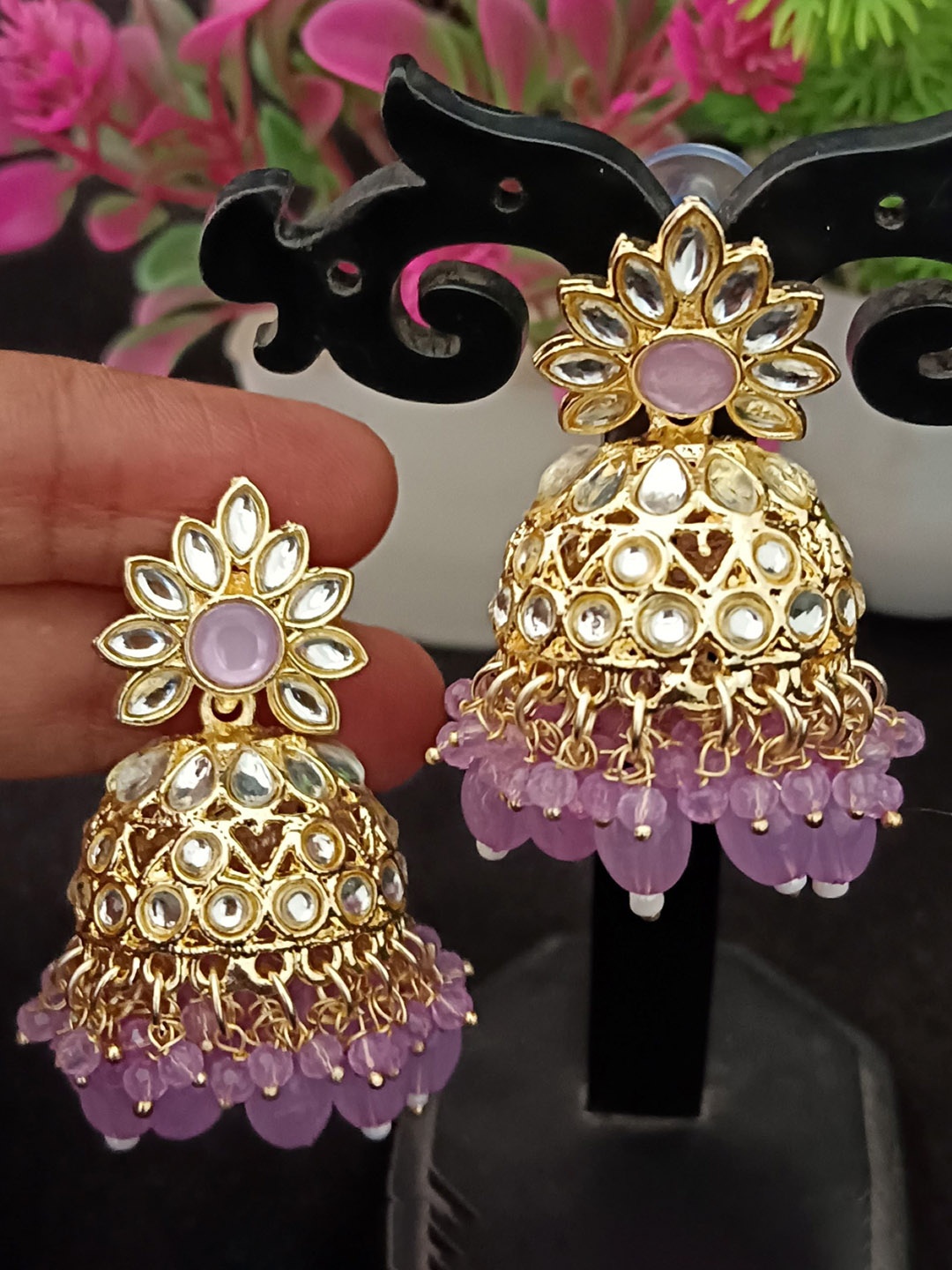 

EVY Gold-Plated Artificial Stones And Beads studded Dome Shaped Jhumkas, Purple