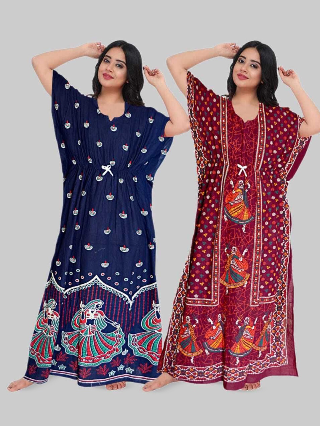 

PR PINK ROYAL Women Pack Of 2 Printed Pure Cotton Kaftan Nightdress, Blue
