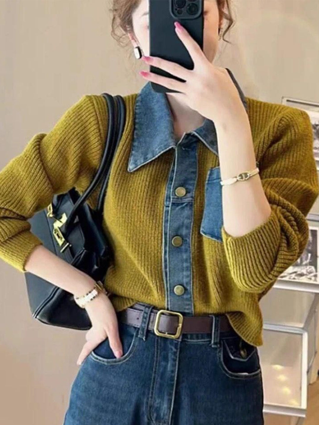 

Alamode By Akanksha Women Olive Green Obsessed Denim Detailed Sweater