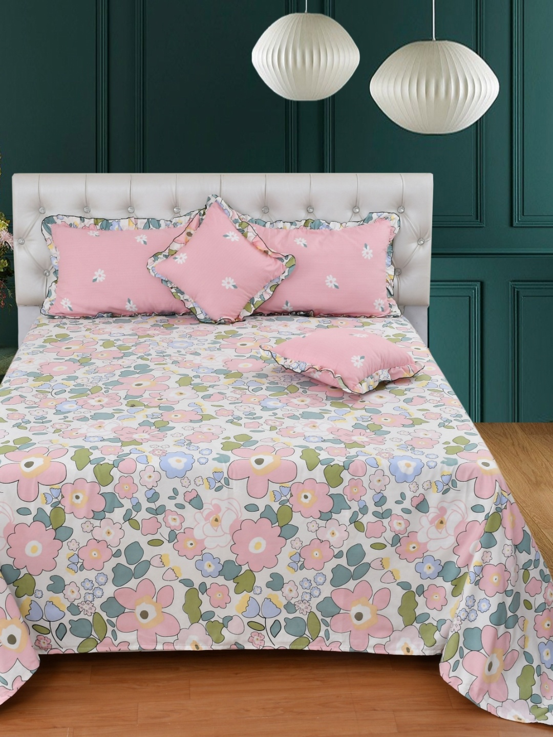 

MORADO Green & Pink Floral Printed Summer Double Queen Bedding Set