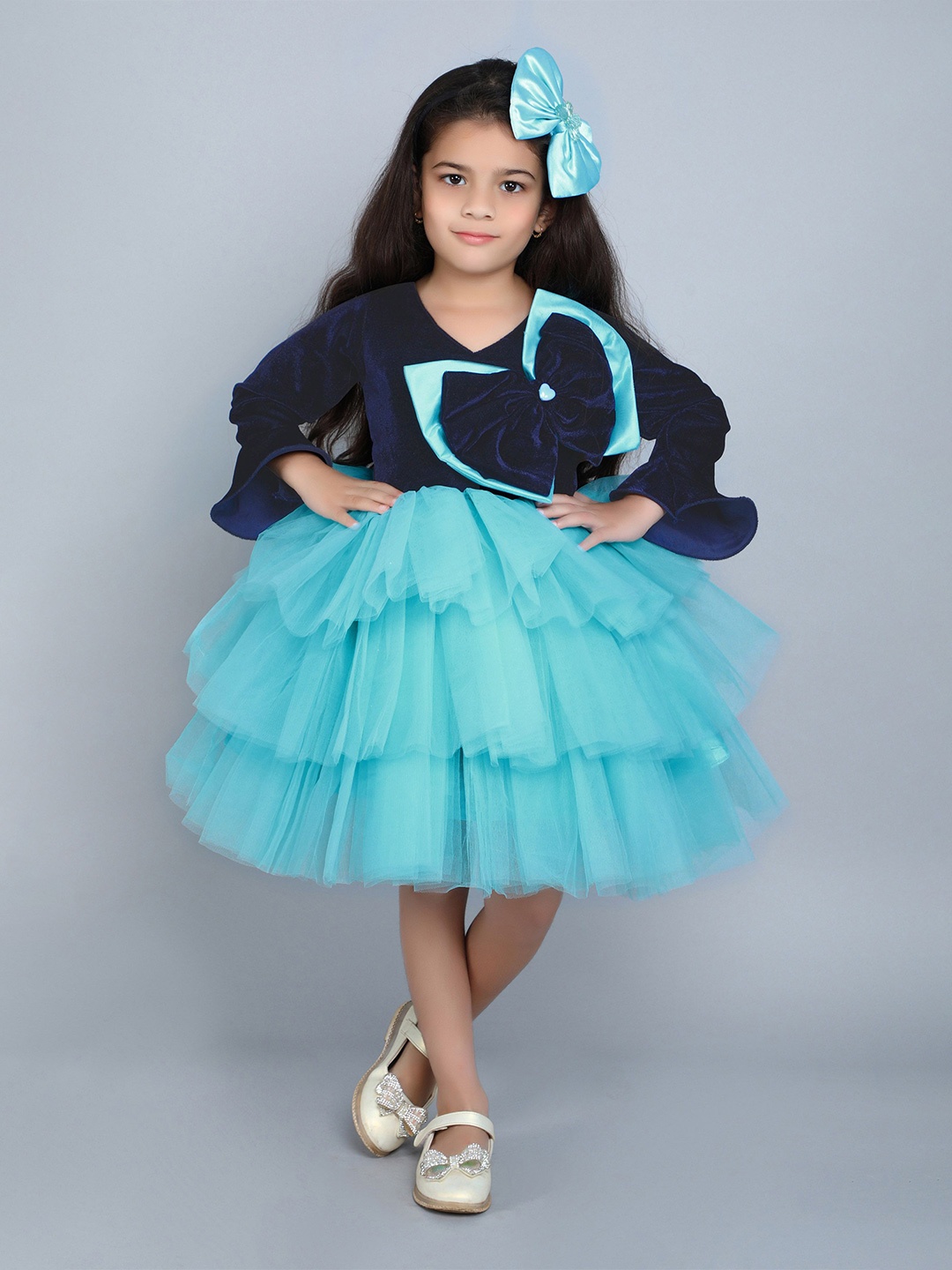 

Pink Chick Girls Colourblocked Bell Sleeve Fit & Flare Dress, Blue