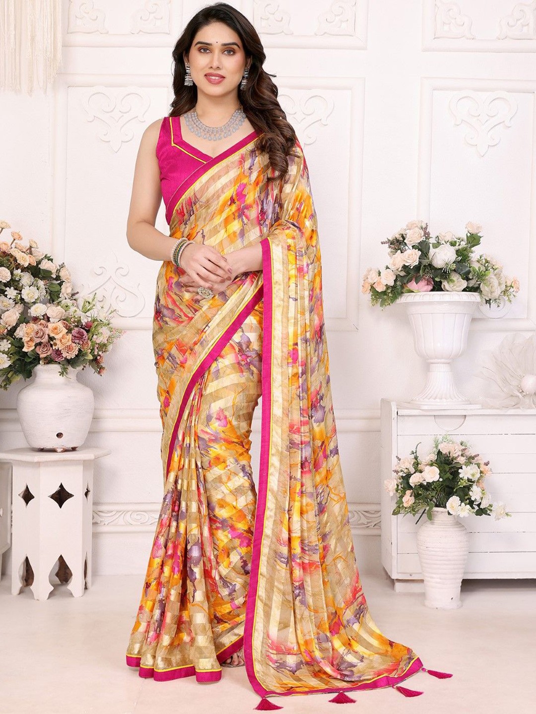 

KALINI Floral Printed Satin Saree, Yellow