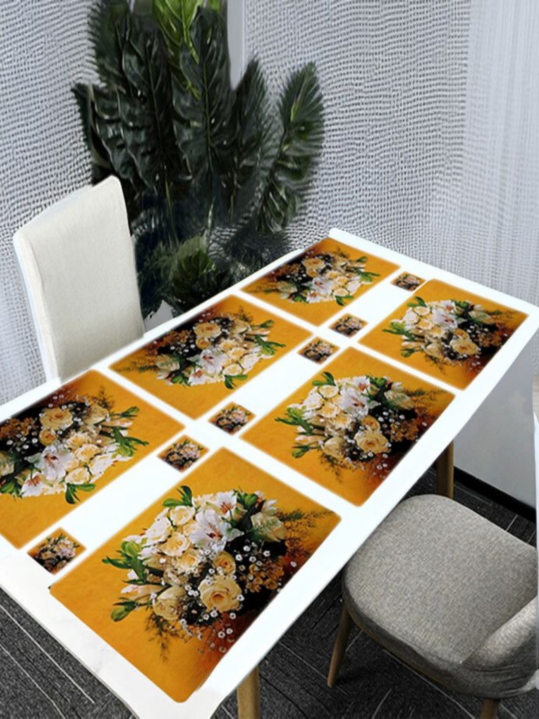

REVEXO Yellow & White 12 Pcs Printed Rectangular Shaped Coasters & Table Placemats