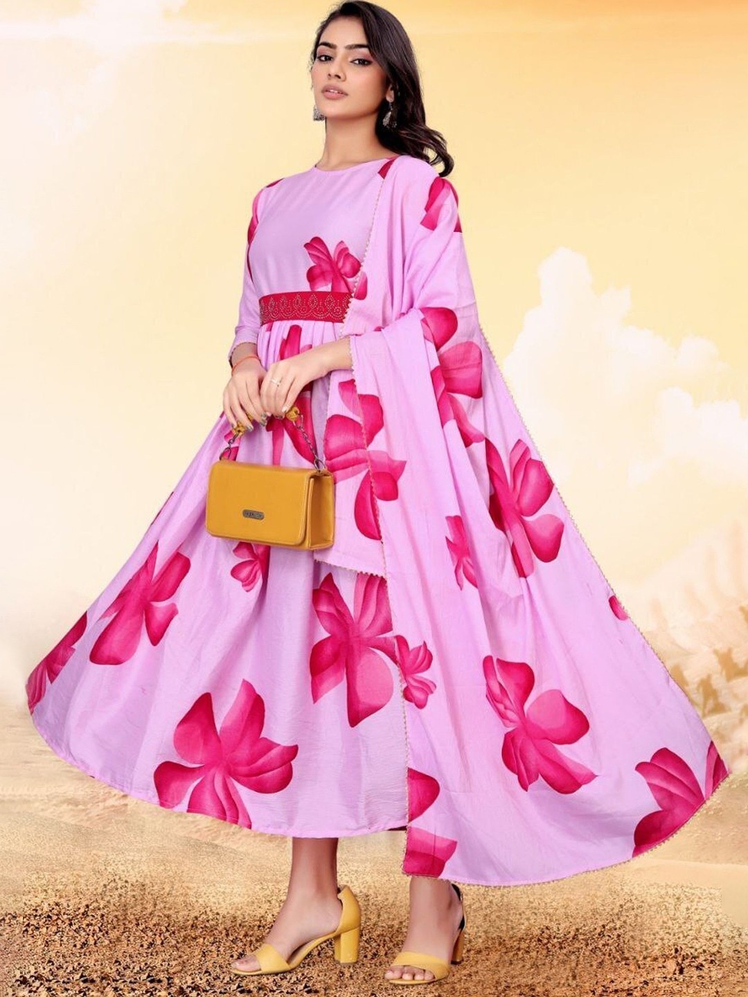 

Krunal Raiyani Women Floral Printed Maxi Dress With Dupatta, Pink