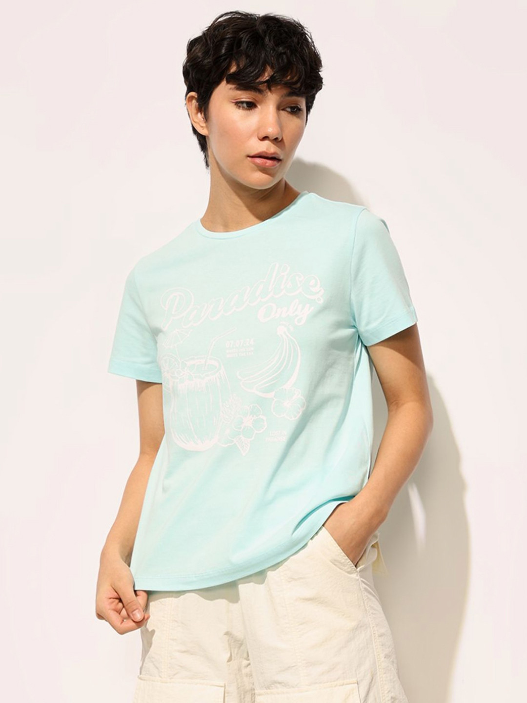 

ONLY Women Graphic Printed Round Neck Cotton T-shirt, Blue