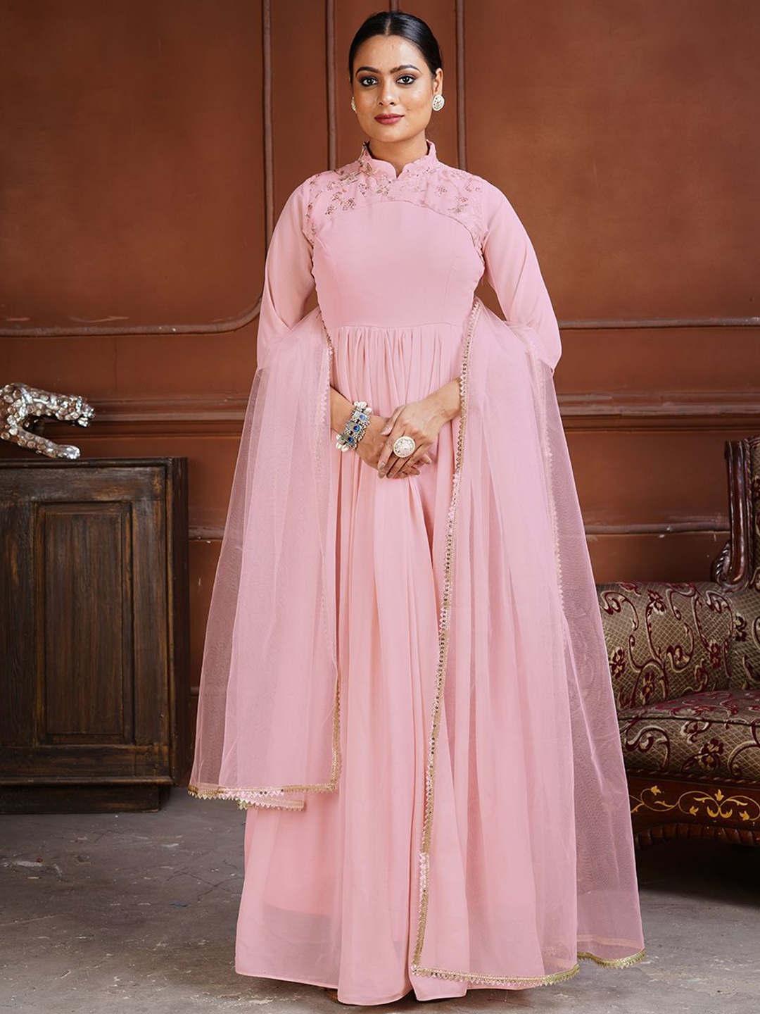 

flaher Women Embroidered Fit & Flared A-Line Maxi Ethnic Dresses, Pink
