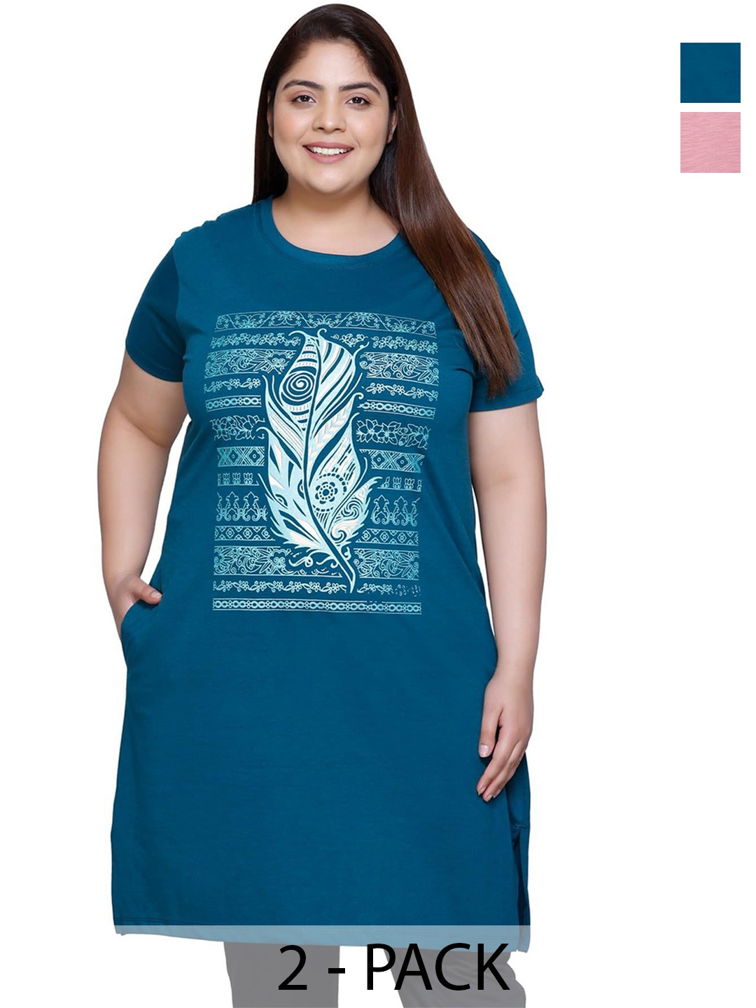 

IN Love Pack of 2 Women Plus Size Front Printed Cotton Nighty Chemise, Blue