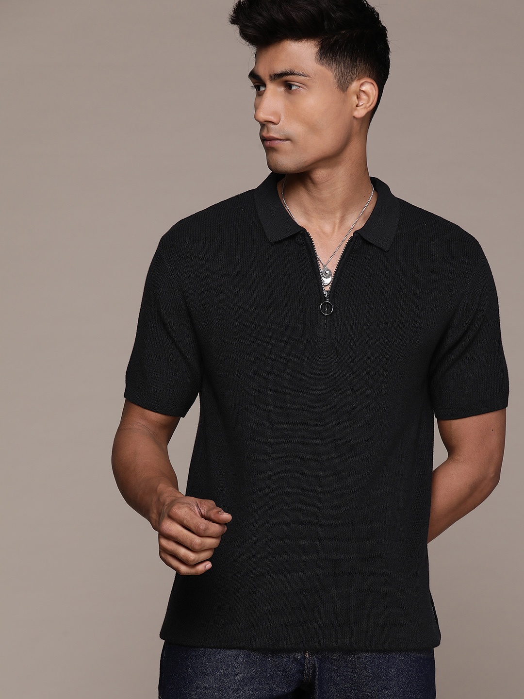 

The Roadster Lifestyle Co. Men Ribbed Pure Cotton Polo Collar T-shirt, Black