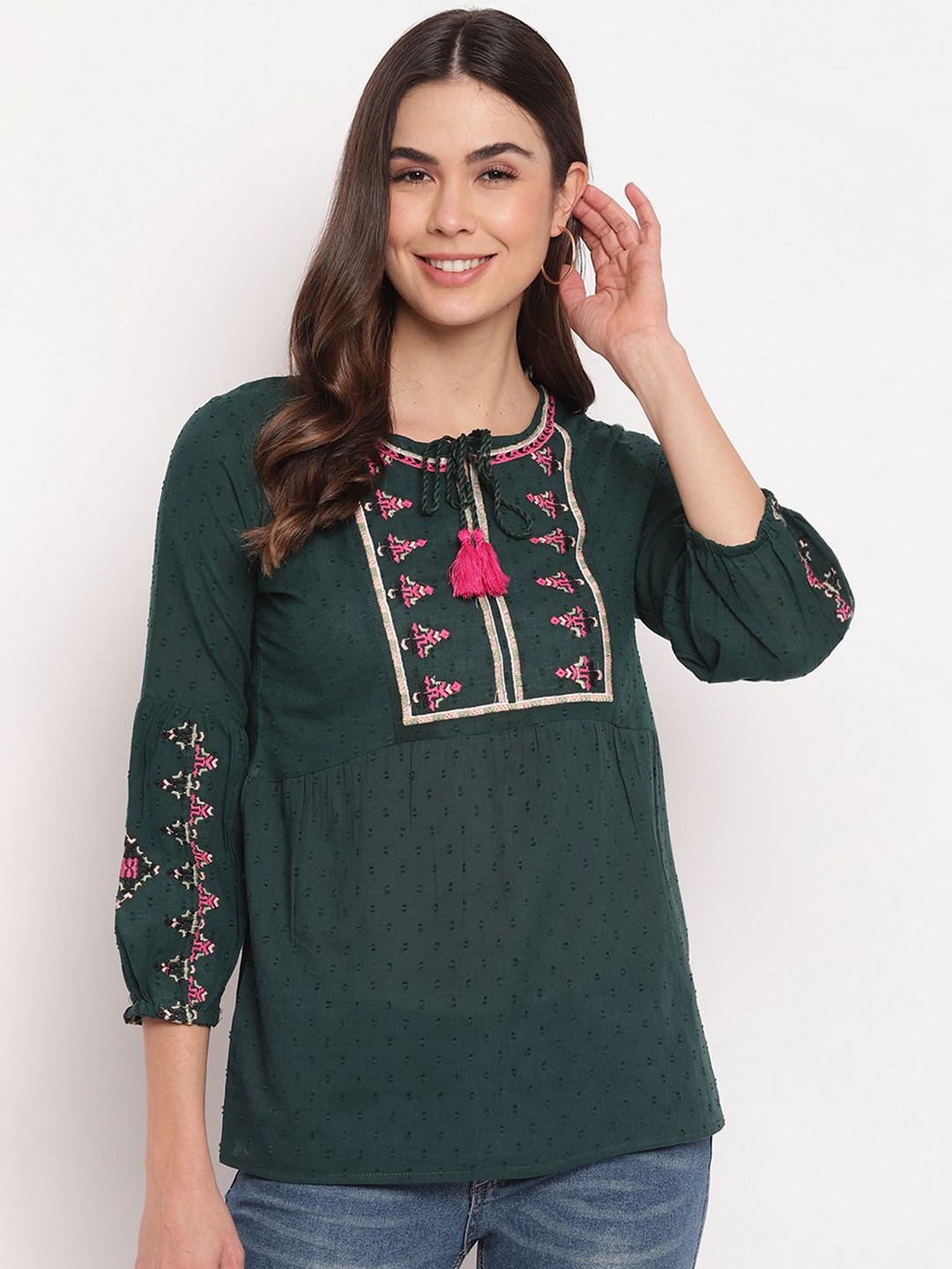 

DressBerry Floral Embroidered Tie-Up Neck Puff Sleeve Cotton Top, Green