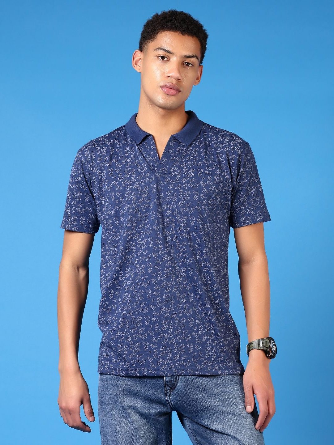 

V-Mart Men Floral Printed Polo Collar Cotton T-shirt, Blue