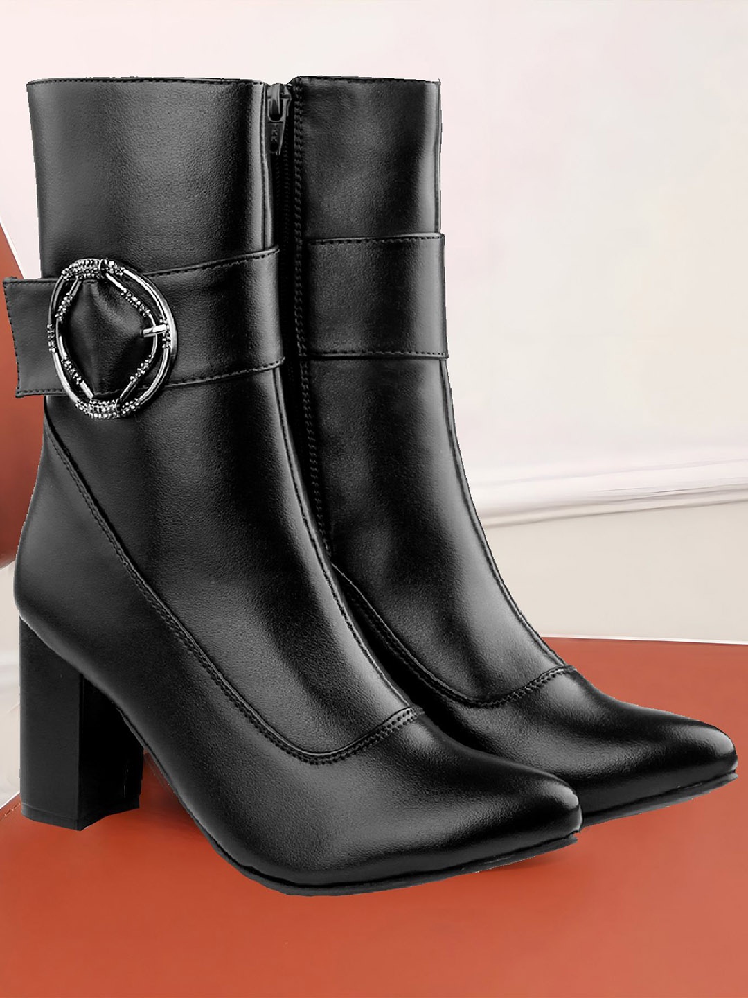 

Bxxy Women Classic High-Ankle Zipper Boots with Buckle Design, Black