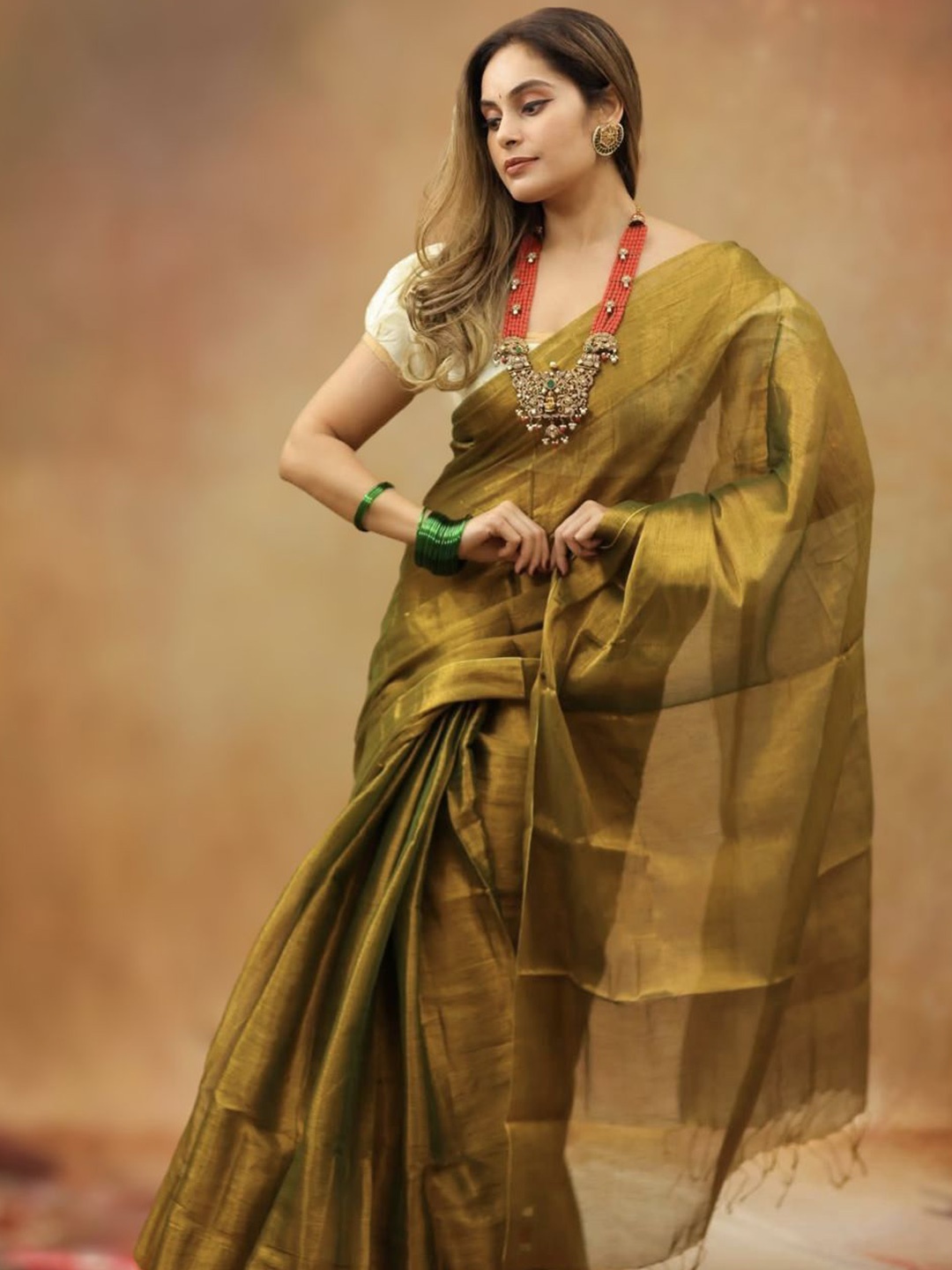 

SRILOK Tissue Tussar Saree, Green