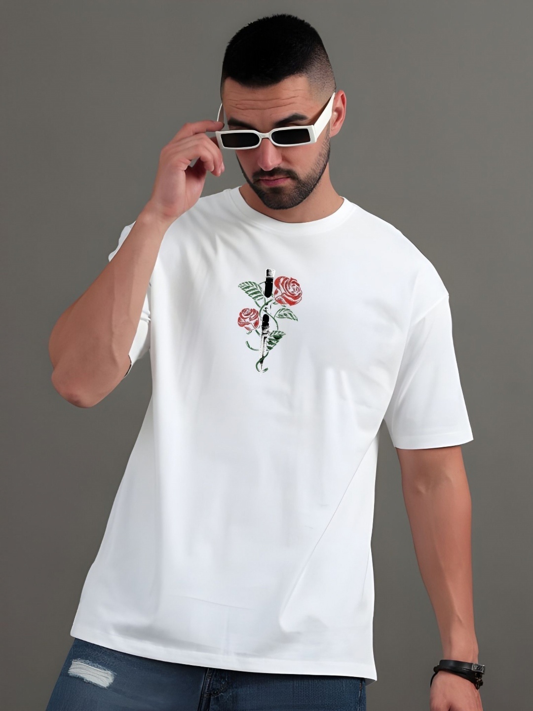 

Moda Rapido Men Floral Printed Round Neck Cotton Oversized T-shirt, White