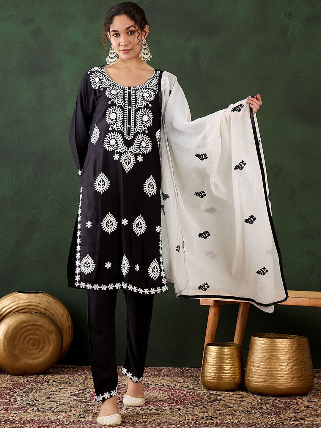 

HERE&NOW Black Floral Embroidered Straight Kurta With Trousers & Dupatta