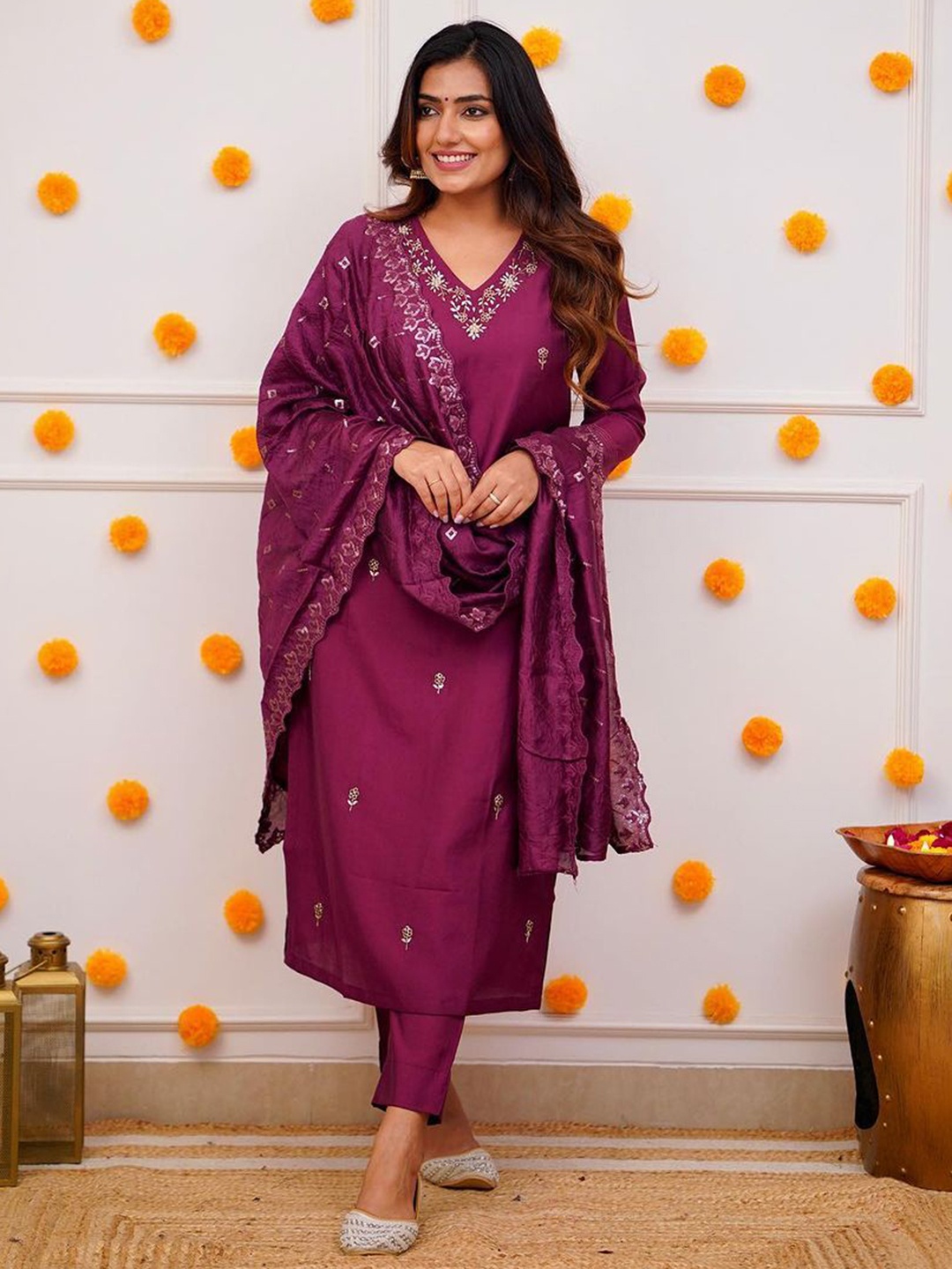 

Kurti Culture Ethnic Motifs Embroidered Straight Kurta With Trousers And Dupatta, Maroon