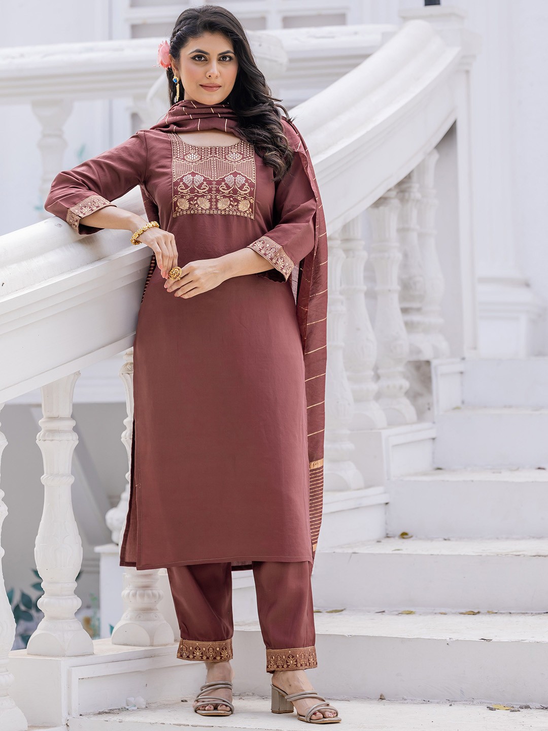

Siya Fashion Floral Yoke Design Straight Kurta With Trouser & Dupatta, Brown