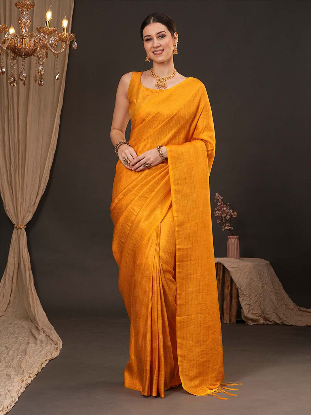 

Anouk Woven Design Zari Silk Blend Kanjeevaram Saree, Yellow