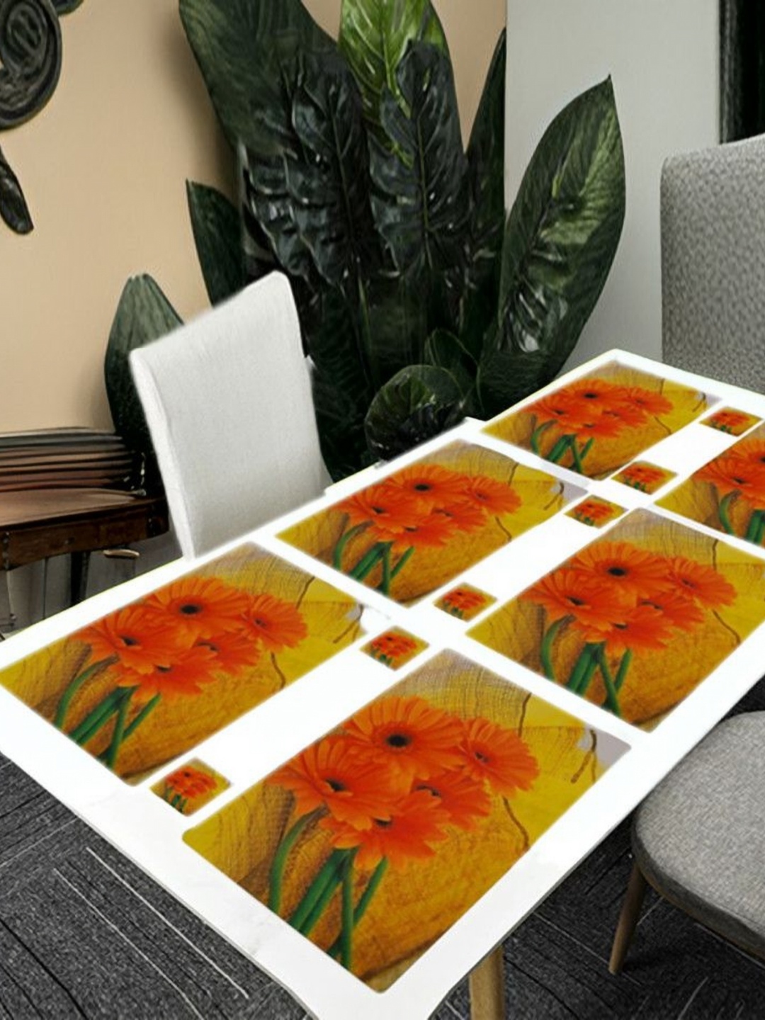 

REVEXO 6Pc Orange-coloured & Yellow Printed Rectangle Costers & Table Placemats