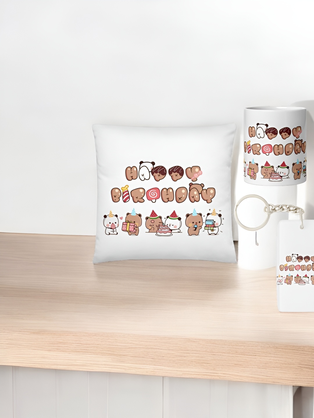 

Anikmart 3-Pieces White & Brown Printed Cushion With Mug And Key Chain