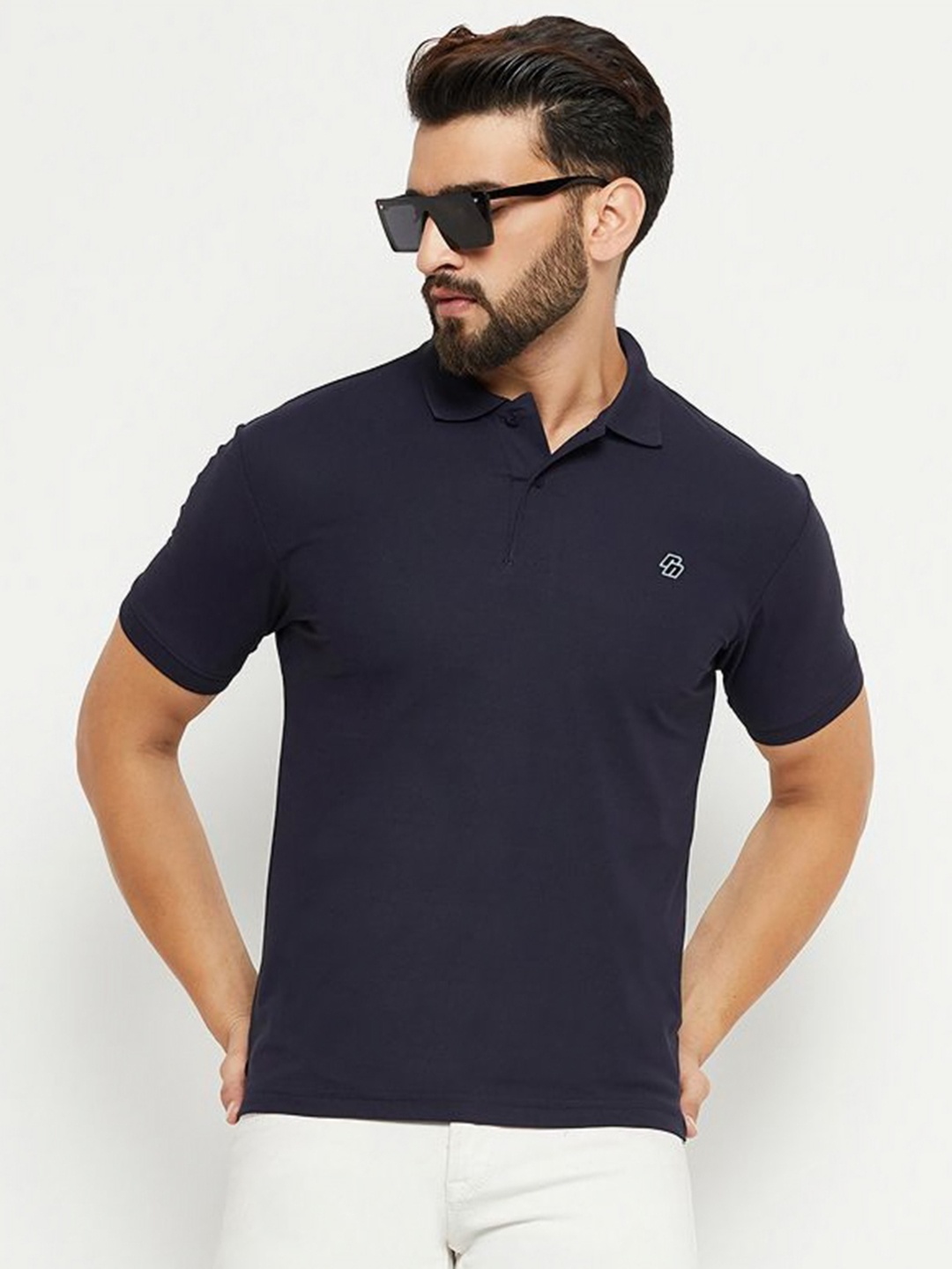 

RENUOVO Men Polo Collar Applique T-shirt, Navy blue