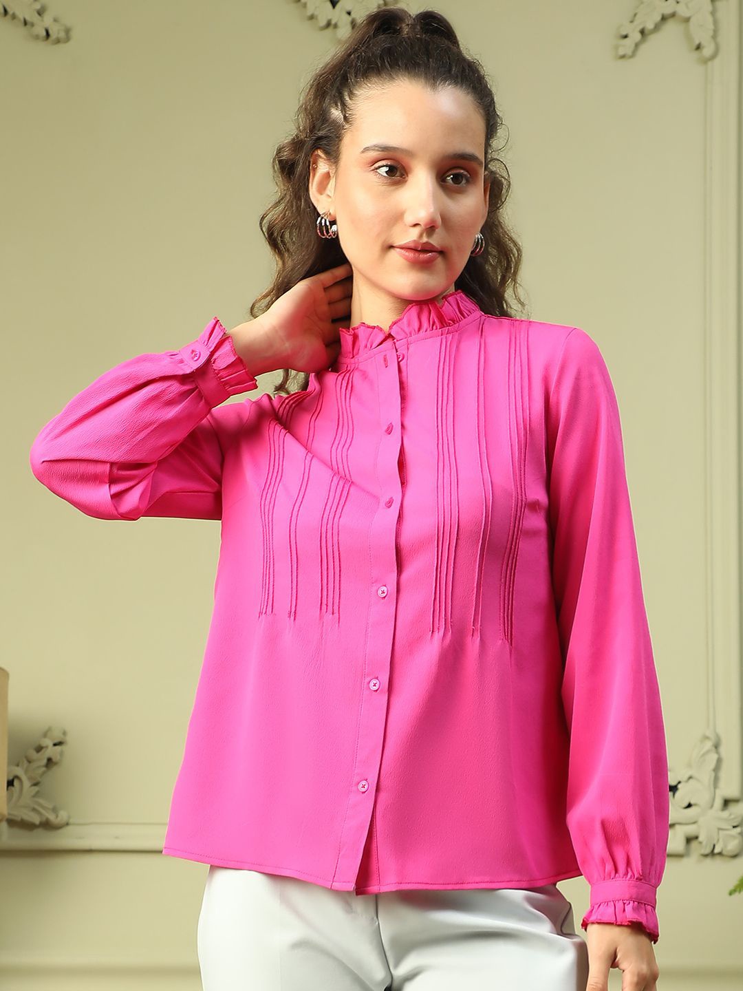 

Oxolloxo Women High Neck With Frill Detail Long Sleeve Button Down Pleated Shirt, Pink