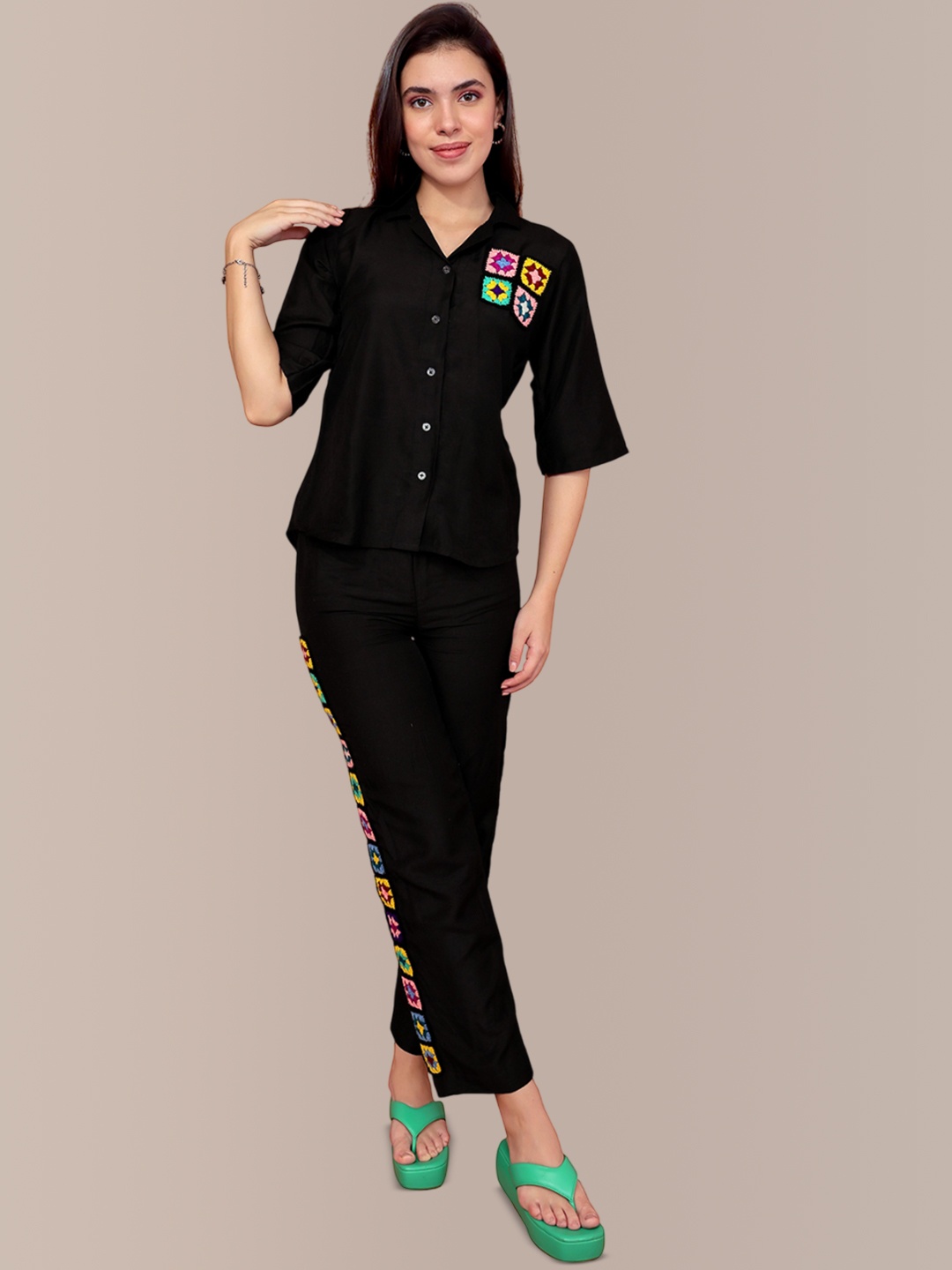 

Kaajal by Vidhi Crochet Shirt Collar Cotton Linen Shirt & Trousers, Black