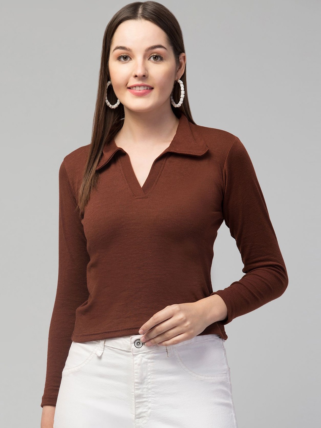 

Swaggish Applique Shirt Style Top, Brown